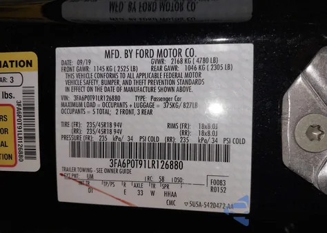 2020 Ford Fusion Se z USA, uszkodzony, nr VIN 3FA6P0T91LR126880